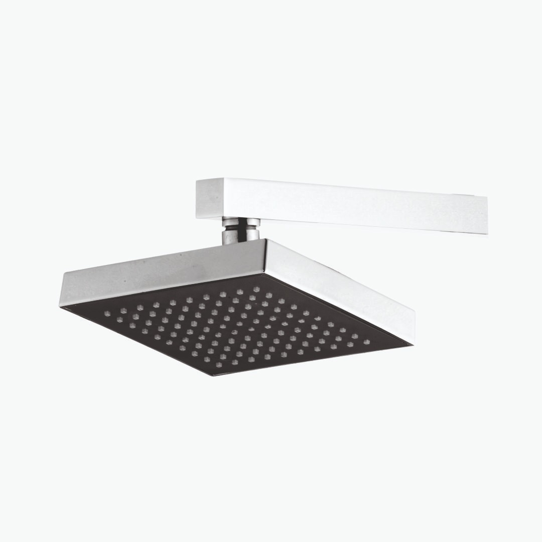 Square overhead rain shower for stylish bathroom décor.